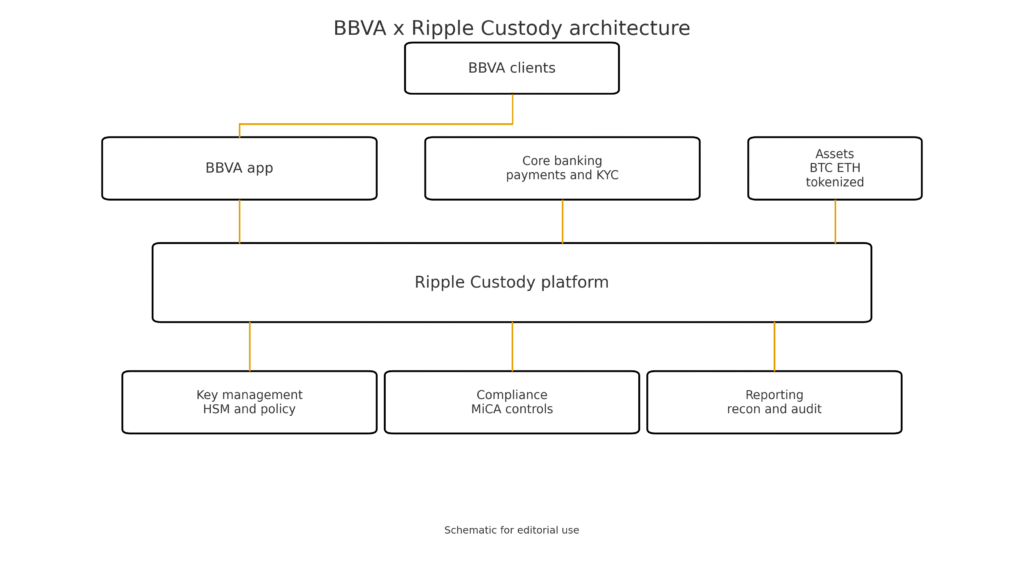 Diagram with BBVA clients and app feeding Core banking into Ripple Custody with sub modules for key management compliance and reporting plus a box for assets including bitcoin ether and tokenized instruments.