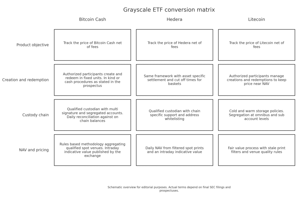 Comparative matrix showing Bitcoin Cash, Hedera and Litecoin proposed spot ETFs with rows for product objective, creation and redemption, custody chain, and NAV and pricing