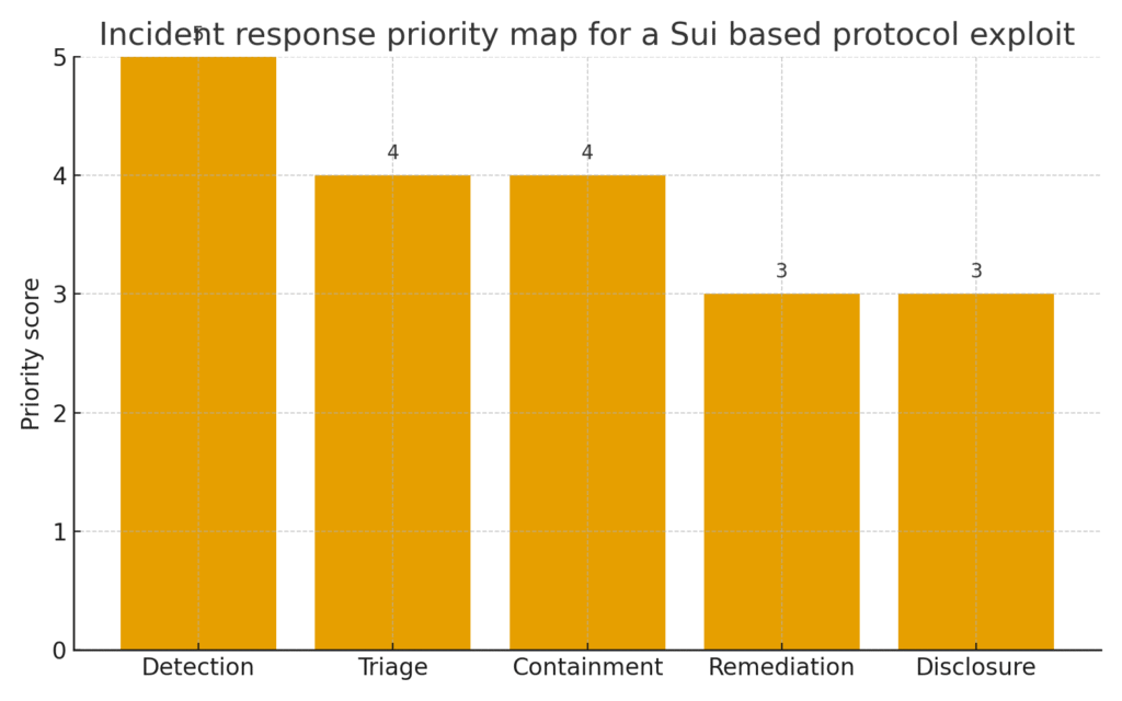 Bar chart titled incident response priority map with five bars for detection triage containment remediation and disclosure showing higher priority on detection and triage