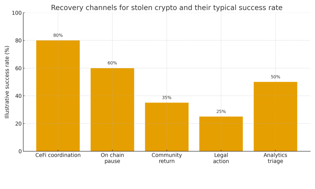 Bar chart showing five recovery channels with clearer multiline x axis labels and values above each bar