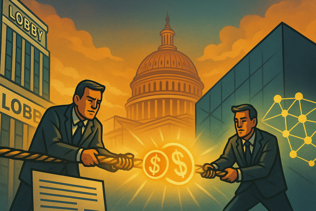 Crypto firms and US banks pulling on opposite sides of a glowing stablecoin rope in front of the Capitol, symbolising the fight over stablecoin innovation.